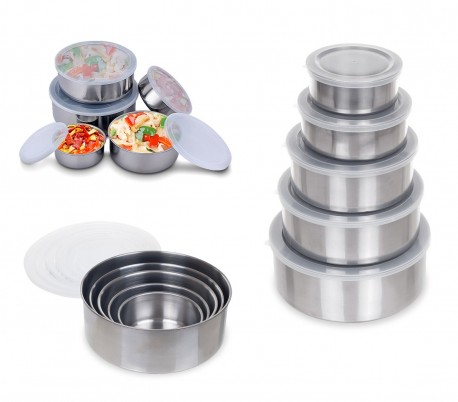 387425 Set de 5 cuencos de acero - Contenedor de alimentos con tapa / Apto never