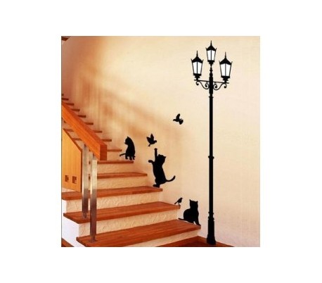 Adhesivo vinilo decorativo dibujo gatos y farola para la  casa 70 x 50 cm 