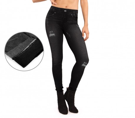 F327 Set de 3 leggings térmicos efecto tejano con interior de felpa (talla única