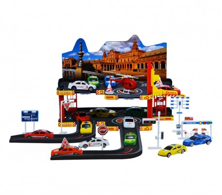 36602 Garage con coches de juguete 3 coches escala 7:16 1 helicóptero