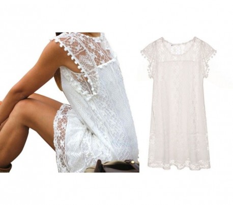 3912 Vestido corto de encaje para mujer cuello redondo tallas de la S a la XXL