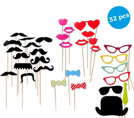 106058 Pack 32 pz de accesorios para fotos originales PHOTO PROPS labios bigote