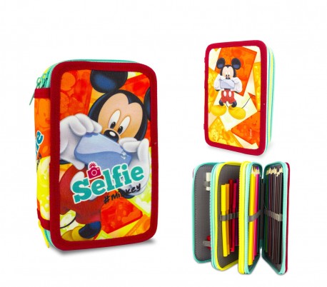 MK16111 Set para la escuela Mickey Mouse Selfie mochila y estuche de 3 pisos