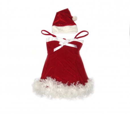 130564 Vestido de mujer sensual MAMÁ NOEL con plumas y sombrero en color rojo