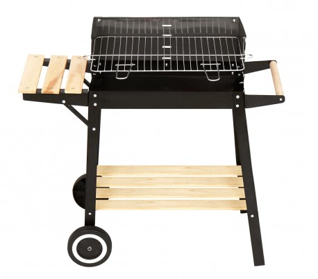 429754 Barbacoa de carbón en acero y madera y ruedas para transportar 58x33x68cm