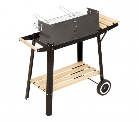 429754 Barbacoa de carbón en acero y madera y ruedas para transportar 58x33x68cm
