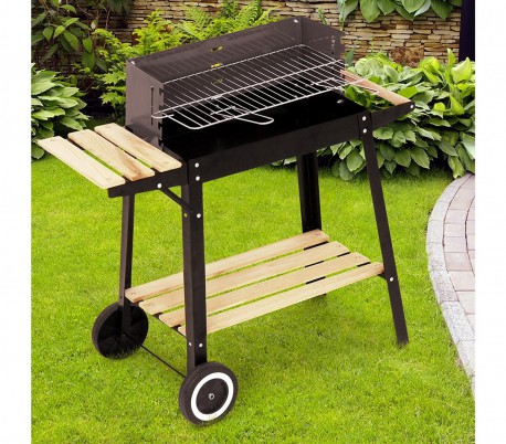 429754 Barbacoa de carbón en acero y madera y ruedas para transportar 58x33x68cm