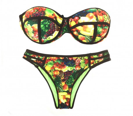 G1662 Bikini para mujer mod. FRUIT con fantasía de frutas y copas acolchadas