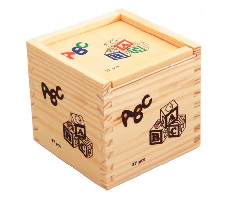 Juego pedagógico 27 piezas caja y cubos de madera animales letras números 3x3 cm