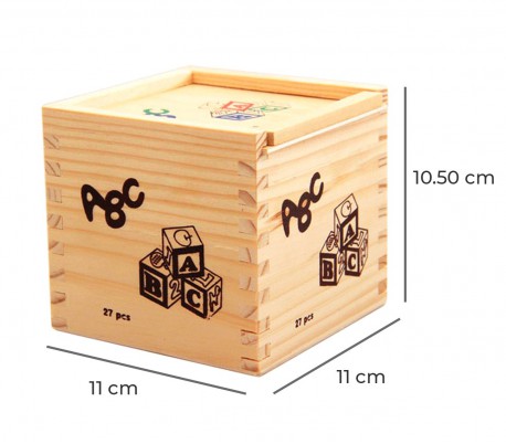 Juego pedagógico 27 piezas caja y cubos de madera animales letras números 3x3 cm
