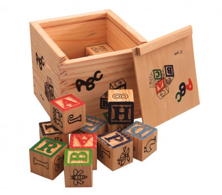 Juego pedagógico 27 piezas caja y cubos de madera animales letras números 3x3 cm