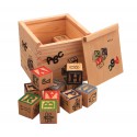 Juego pedagógico 27 piezas caja y cubos de madera animales letras números 3x3 cm
