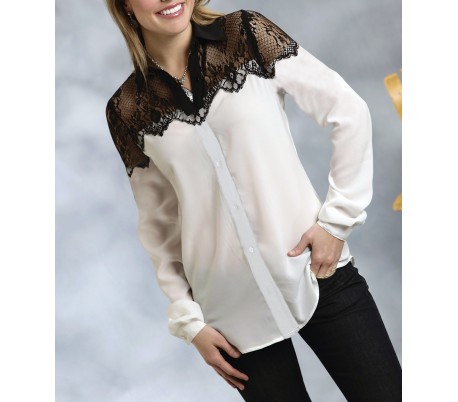 Camisa blanca mujer de encaje bordado negro