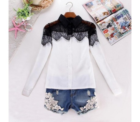 Camisa blanca mujer de encaje bordado negro