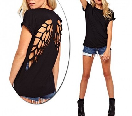 Camiseta negra de mujer con dibujo alas de Ángel y con la espalda al aire