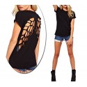 Camiseta negra de mujer con dibujo alas de Ángel y con la espalda al aire