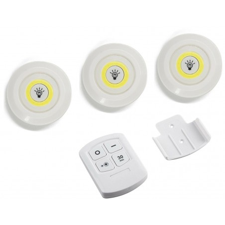 Set 3 Focos para armarios de Luz LED con control remoto y funcionamiento a pilas