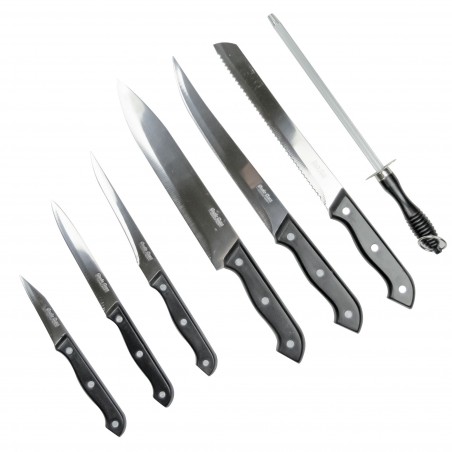 593732 Pack cuchillos en acero inoxidable con base de madera Gusto Casa 8 piezas