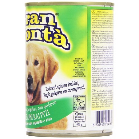 Pack 12x latas carne cordero y arroz GRAN BONTA' para perros 1230g con vitaminas