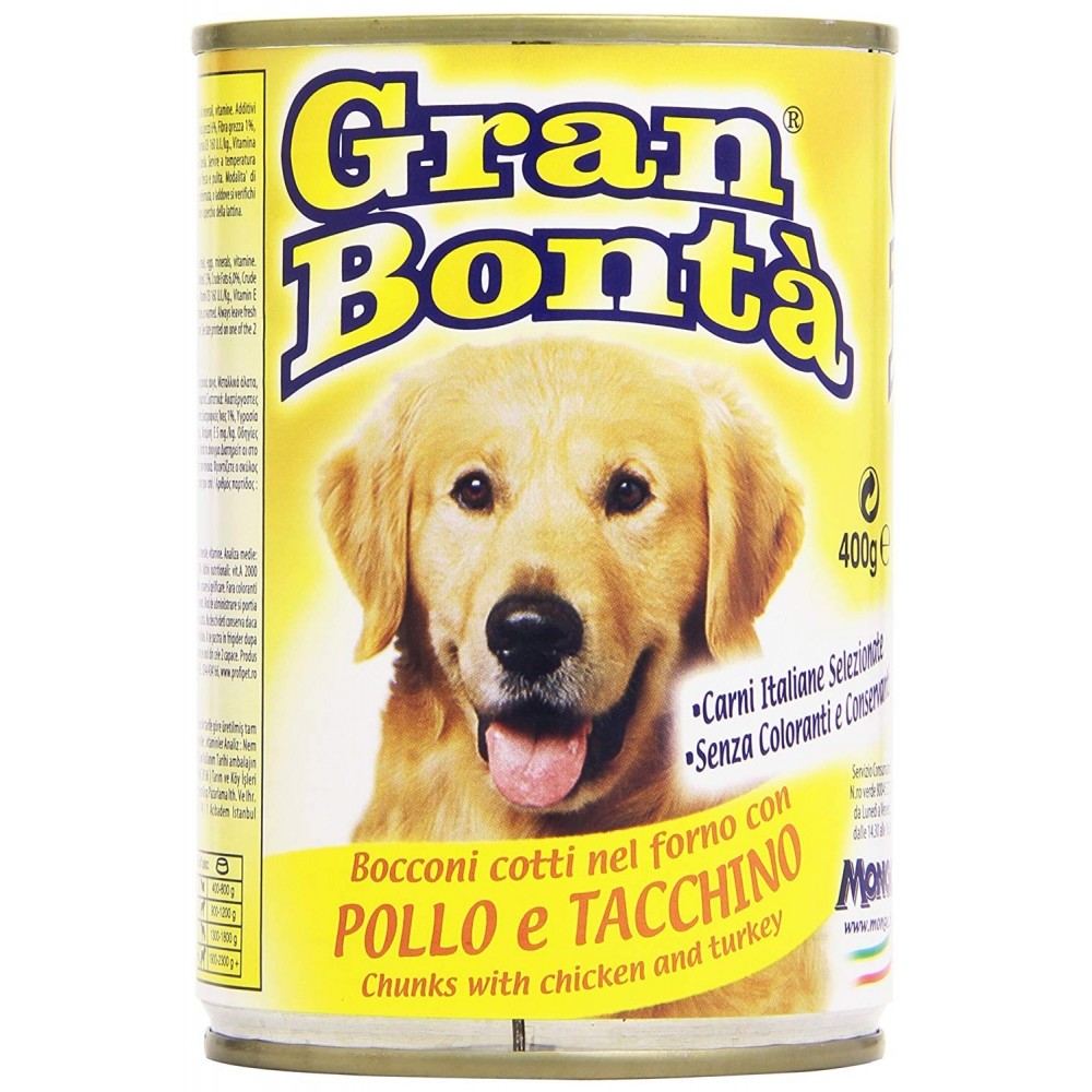 Pack 24x Carne GRAN BONTA' de pollo y pavo para perros 400g y vitaminas