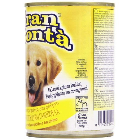 Pack 24x Carne GRAN BONTA' de pollo y pavo para perros 400g y vitaminas