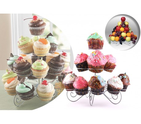 Expositor - Soporte metálico para 13 Cupcakes / Muffins / Dulces / Pasteles (24x20 cm) - Frutero de 3 niveles