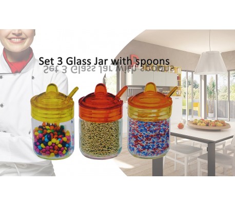 Set 3 recipientes 200ML de cristal para especias y alimentos 6,5 X 11 cm con tapa y cuchara incluída