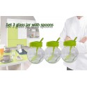 Set 3 recipientes 200ML de cristal para especias y alimentos 6 X 8 X 9 cm con tapa verde y cuchara incluída