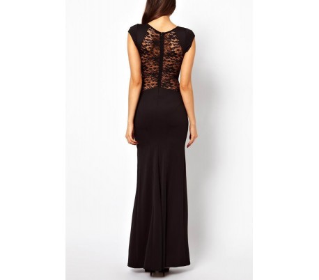 Vestido largo ajustado de color negro con encaje en la espalda y elegante abertura lateral mod. LEASY BLACK - Moda femenina