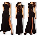 Vestido largo ajustado de color negro con encaje en la espalda y elegante abertura lateral mod. LEASY BLACK - Moda femenina
