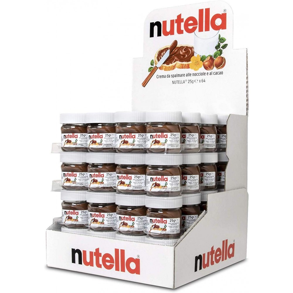 Pack 64 frascos mini Ferrero Nutella de 25g cada porción individual 1.6 kg total