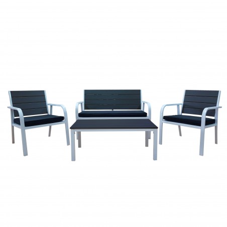 Conjunto completo Dallas mesa 2 sillas 1 banco de jardín con cojines