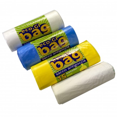 Kit de 4 rollos de 15 bolsas anti-goteo de colores para reciclaje de 55x65 cm