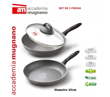 Set 2 sartenes de 28cm mas 1 tapa  con efecto piedra revestimiento - Accademia Mugnano LIINIA DURA