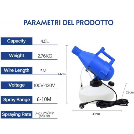 Nebulizador de desinfectación portátil 4.5 LT ajustable radio de distancia 10 Mt