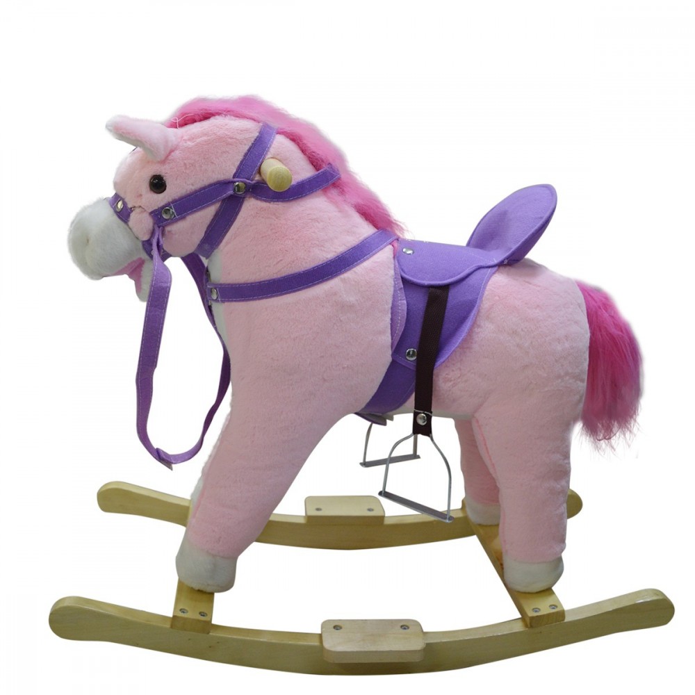 432013 Caballo de peluche mecedora de madera mueve la boca y hace ruido ROSA