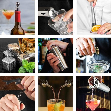 Kit 12 + 1 piezas de Barman con base de madera y guía para cóctel de acero