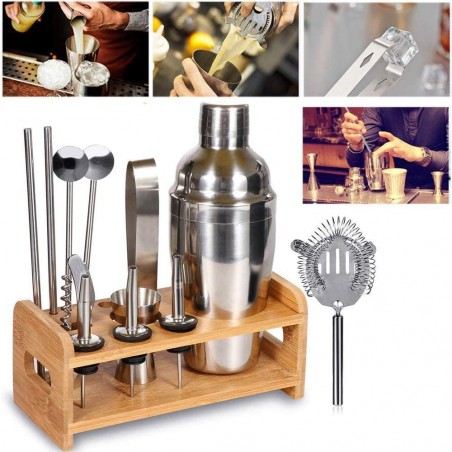 Kit 12 + 1 piezas de Barman con base de madera y guía para cóctel de acero