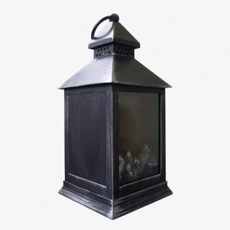 944666 Farol con falso fuego led 11x10x25h cm color plata antiguo