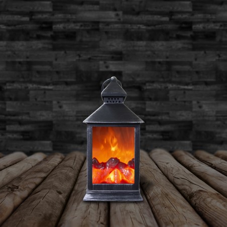 944666 Farol con falso fuego led 11x10x25h cm color plata antiguo