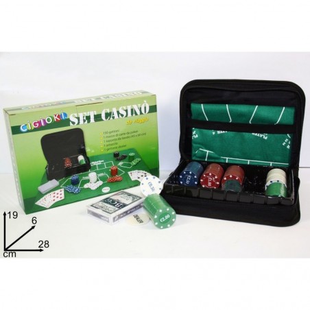 Juego Poker con estuche de viaje 150 fichas 1 baraja de cartas y alfombra CASINO