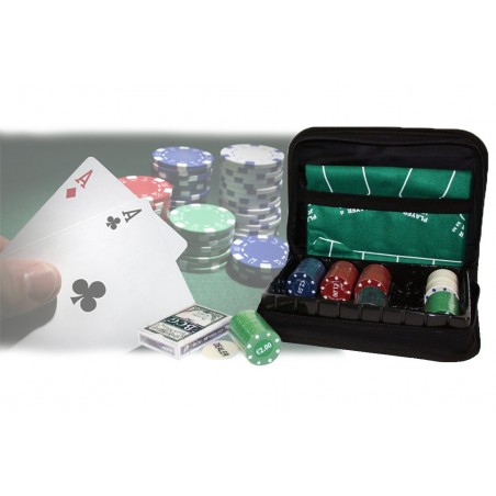 Juego Poker con estuche de viaje 150 fichas 1 baraja de cartas y alfombra CASINO