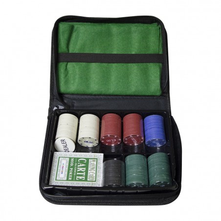 Juego Poker con estuche de viaje 150 fichas 1 baraja de cartas y alfombra CASINO