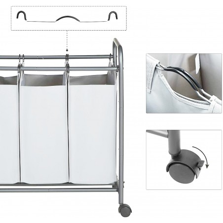 Carro para objetos y ropa con ruedas extraíbles y 3 bolsas - Cestas para la ropa