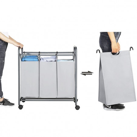 Carro para objetos y ropa con ruedas extraíbles y 3 bolsas - Cestas para la ropa