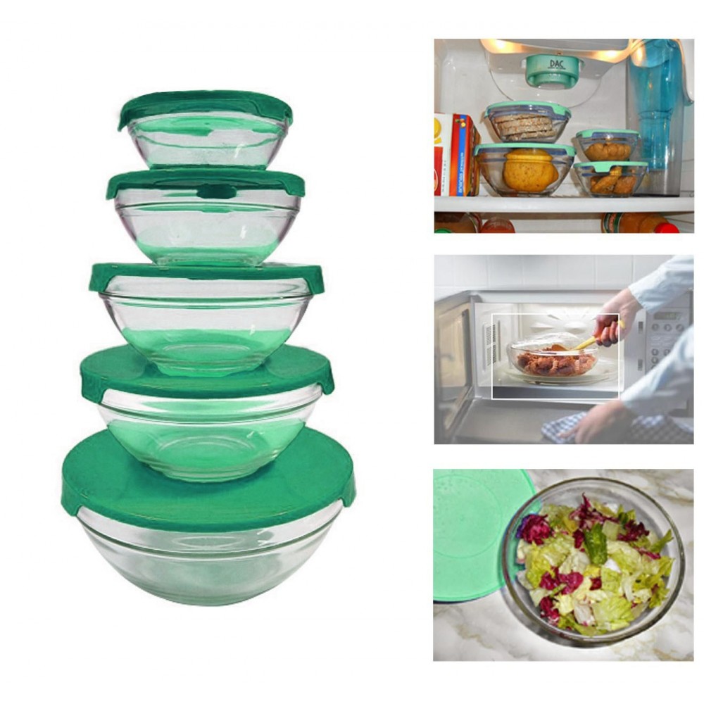 Set 5 recipientes de vidrio cuencos apilables de cocina para microondas - Verde