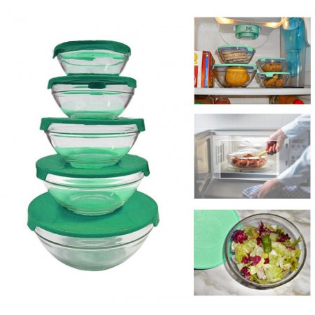 Set 5 recipientes de vidrio cuencos apilables de cocina para microondas - Verde