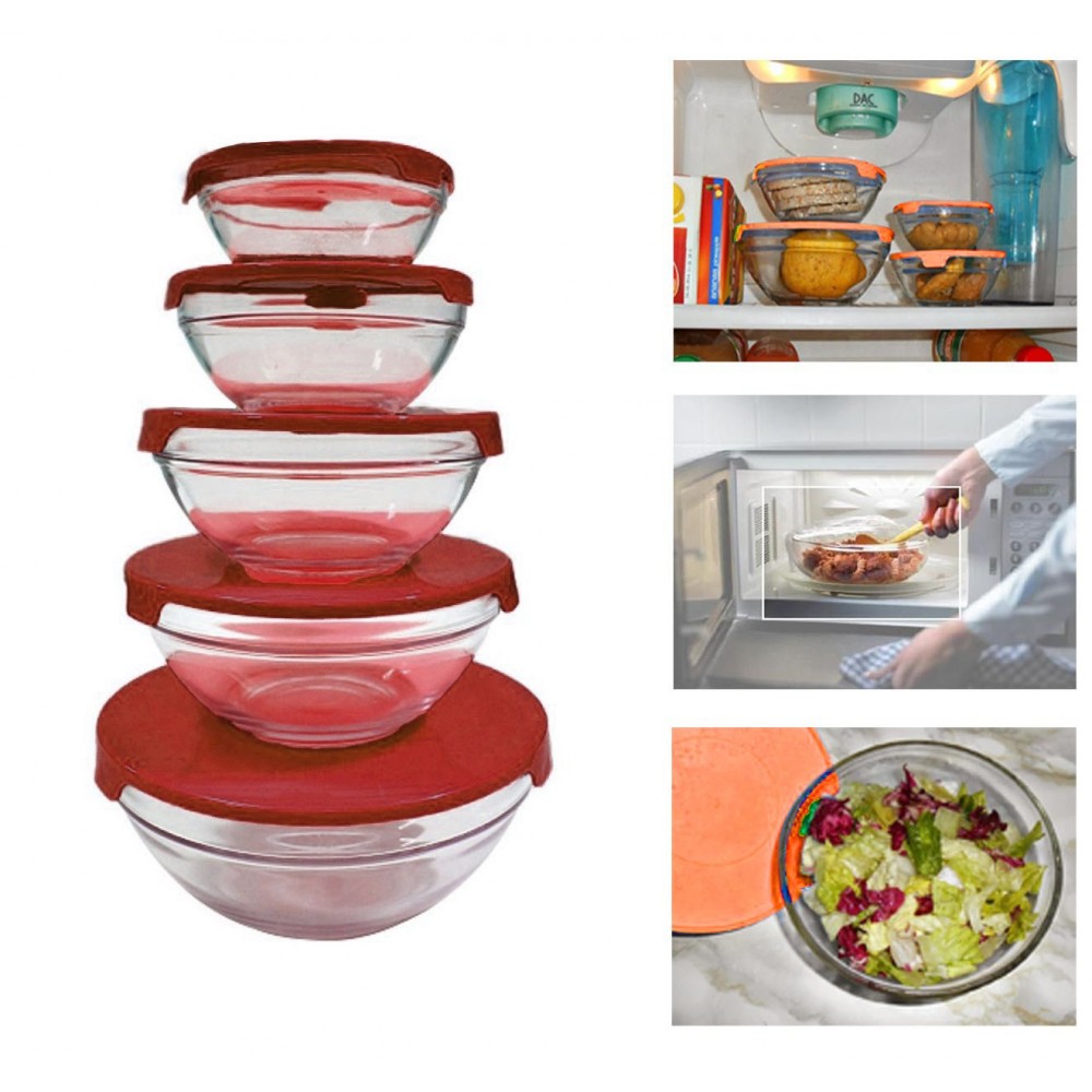 Set 5 recipientes de vidrio cuencos apilables de cocina para microondas - Rojo