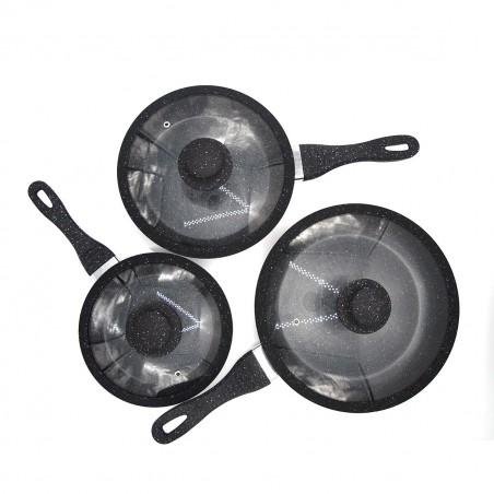 120001 Set 3 sartenes y 3 tapas DGBAVARIA Piedra de inducción NEGRA 20-24-28cm
