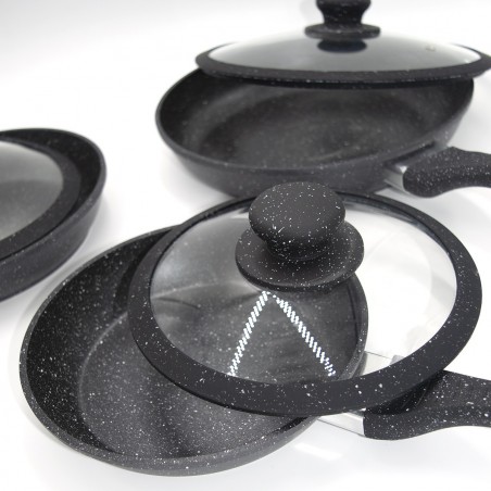 120001 Set 3 sartenes y 3 tapas DGBAVARIA Piedra de inducción NEGRA 20-24-28cm